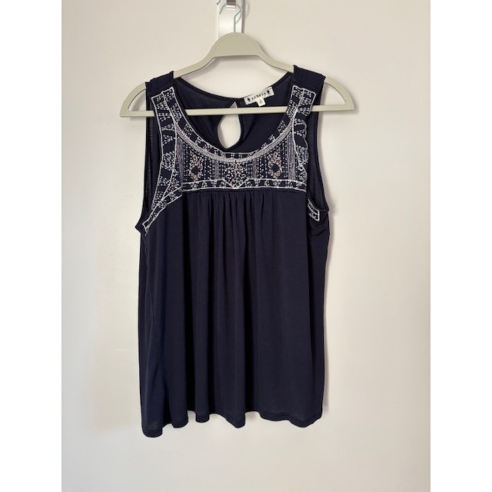 Agenda Navy Blue Sleeveless Tank Top White Tribal Embroidery Keyhole Back XL